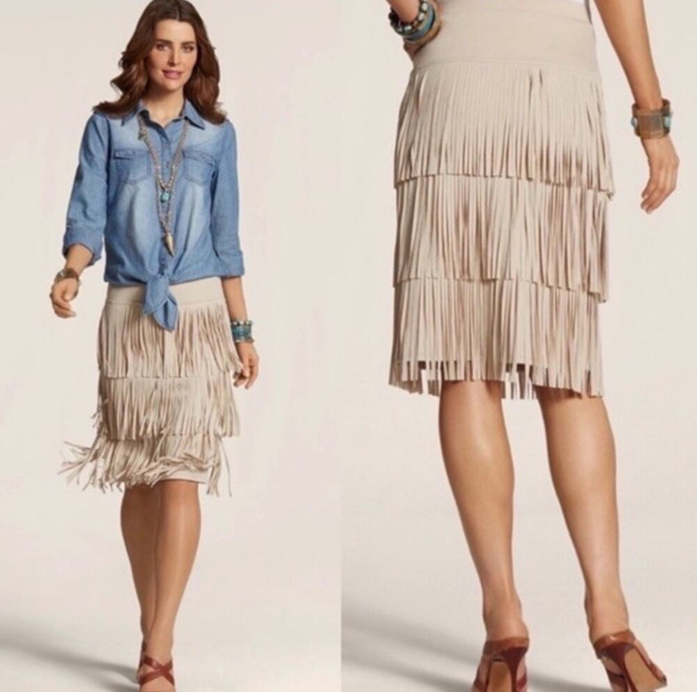 Chico's Tiered Fringe Layered Pull On Pencil Skirt Tan Beige Boho Western 4 [0]